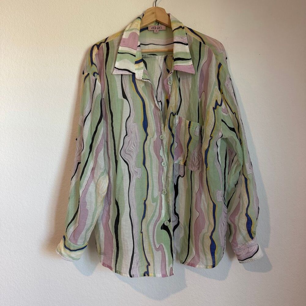 VRG GRL Abstract Swirl Stripe Long Sleeve Button Down Shrit Women's Size 14